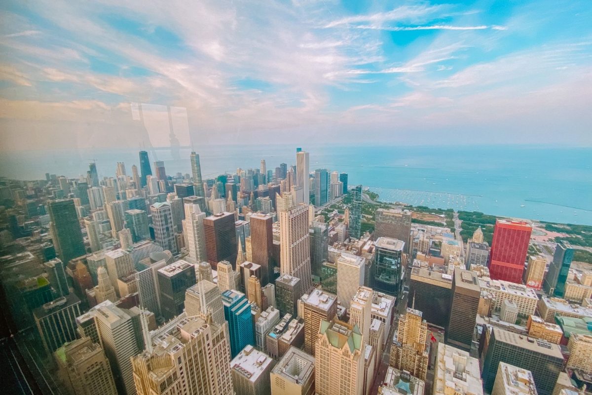 Chicago city skyline from the top of the skydeck at willis tower