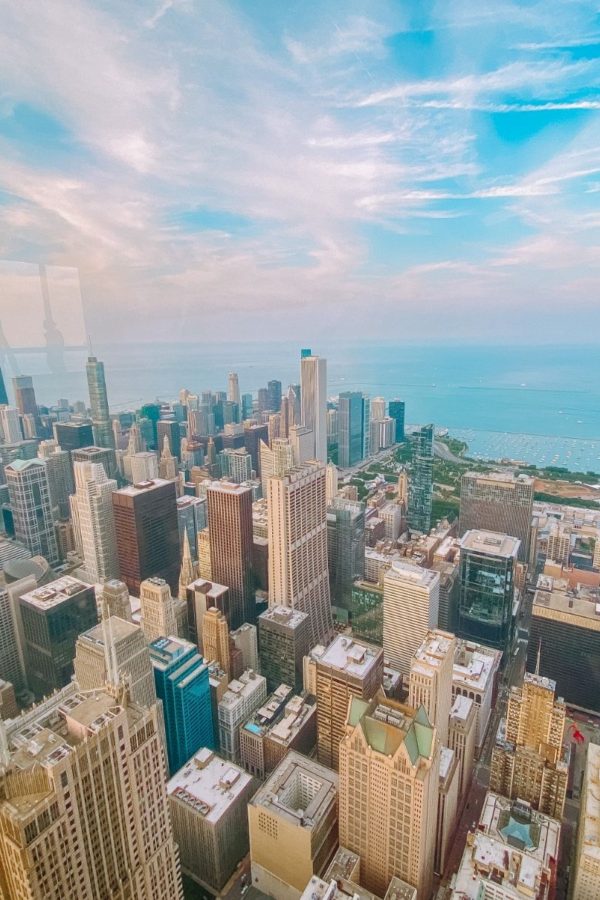 Chicago city skyline from the top of the skydeck at willis tower