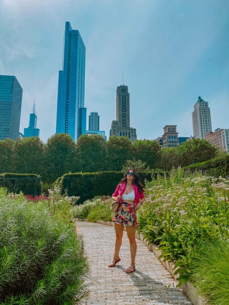 Girl walking in the Lurie Gardens in Chicago's Millennium Park